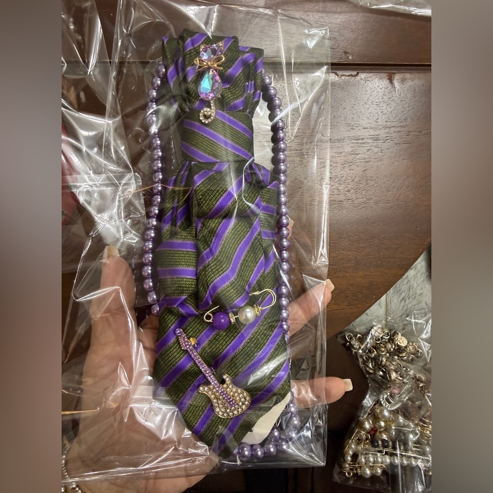 Upcycle Purple and Green Striped Tie necklace with Beaded Necklace